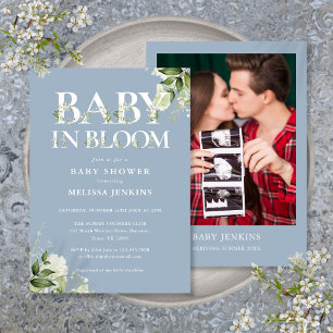 Dusty Blue Baby In Bloom Floral Photo Baby Shower Invitation