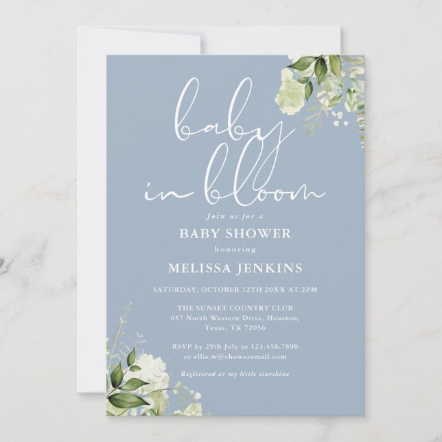 Dusty Blue Baby In Bloom Greenery Baby Shower Invitation (Front)