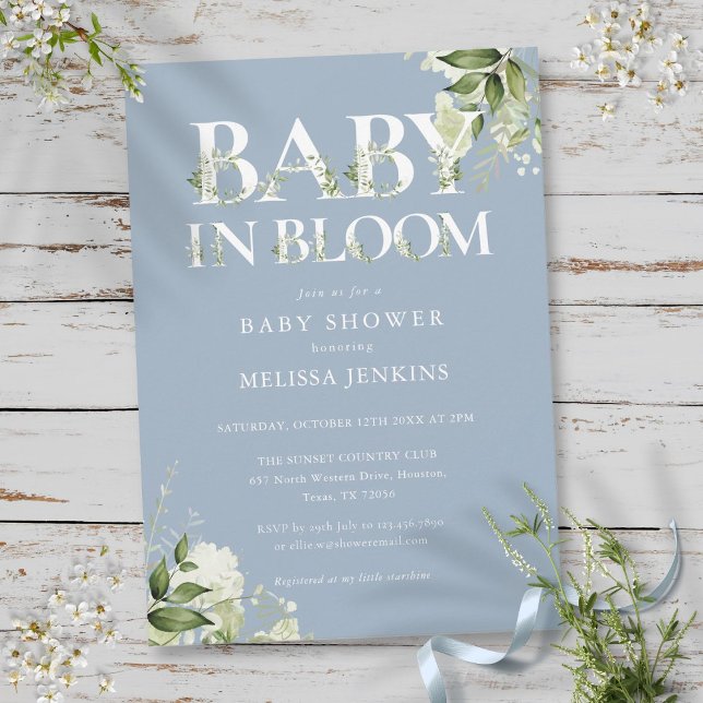 Dusty Blue Baby In Bloom Greenery Baby Shower Invitation (Dusty Blue Baby In Bloom Greenery Baby Shower Invitation)