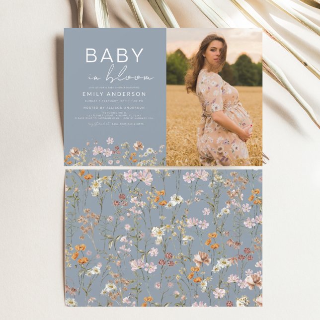 Dusty Blue Baby in Bloom Photo Baby Shower Invitation (Creator Uploaded)