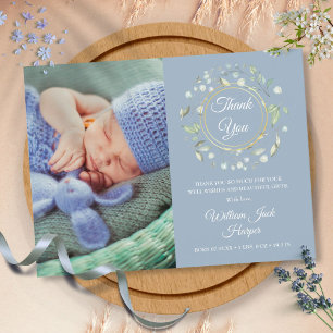 Dusty Blue Baby Photo Floral Thank You Birth Announcement Postcard