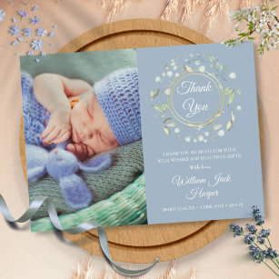 Dusty Blue Baby Photo  Floral Thank You Birth Announcement Postcard