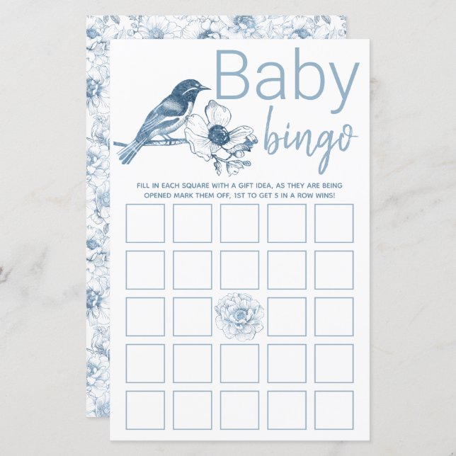 Dusty Blue Baby Shower Bingo Game Card Floral (Front/Back)