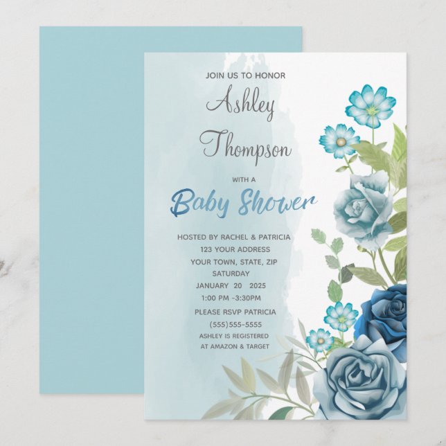 Dusty Blue Baby Shower Floral Watercolor Invitation (Front/Back)