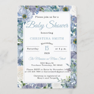 Dusty Blue Baby Shower Invitations with Florals