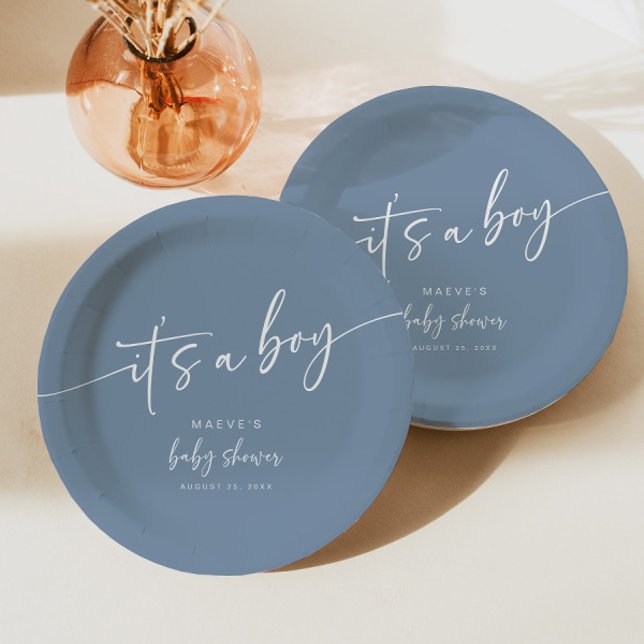Dusty Blue Baby Shower Paper Plate Modern Boy (Creator Uploaded)