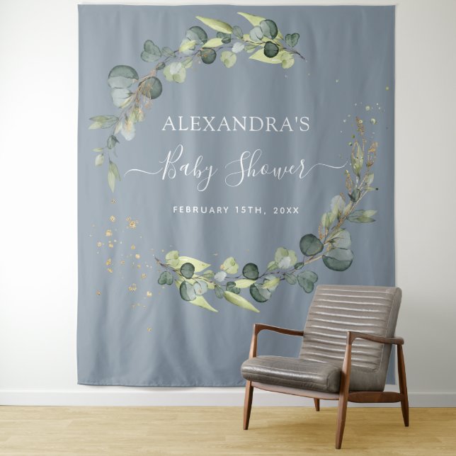 Dusty Blue Baby Shower Photo Booth Backdrop Tapestry (In Situ)