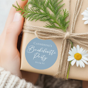 Dusty Blue Bachelorette Party Custom White Script Classic Round Sticker