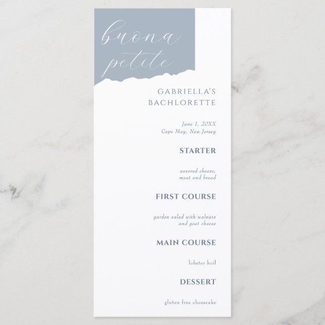Dusty Blue Bachlorette Menu Italian (Front)