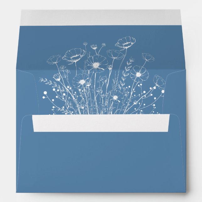 Dusty Blue Background White Wildflower Wedding Envelope (Back (Bottom))