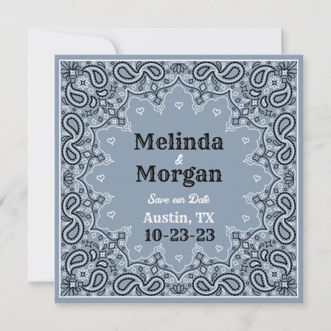 Dusty Blue Bandanna Flat Save The Date Card (Front)