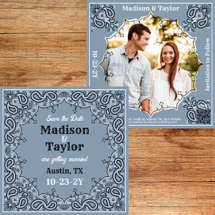 Dusty Blue Bandanna Photo Flat Save The Date Card