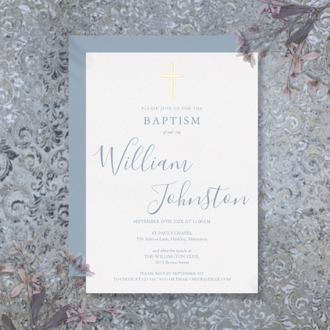 Dusty Blue Baptism Christening Elegant Gold Cross (Dusty Blue Baptism Christening Elegant Gold Cross Foil Invitation)