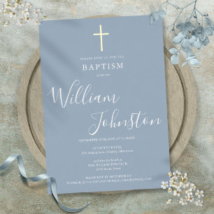 Dusty Blue Baptism Christening Elegant Gold Cross