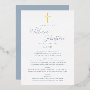Dusty Blue Baptism Christening Gold Foil Menu Card