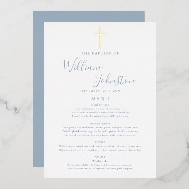 Dusty Blue Baptism Christening Gold Foil Menu Card (Front/Back)