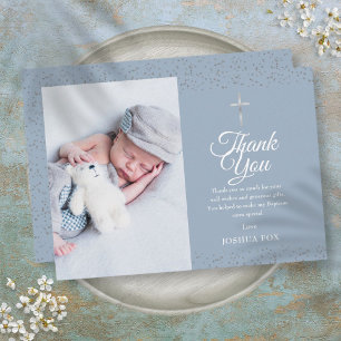 Dusty Blue Baptism Photo Silver Thank You Card
