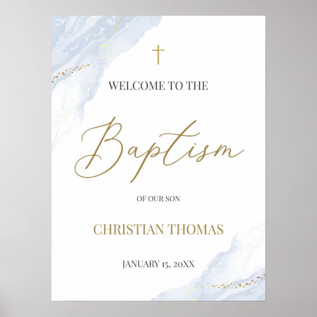 Dusty Blue Baptism Welcome Sign Poster, Gold Cross (Front)