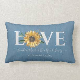 Dusty Blue Barn Wood, Golden Sunflower  Wedding  Lumbar Cushion