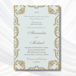 Dusty Blue Baroque Bible Verse Christian Wedding   Invitation