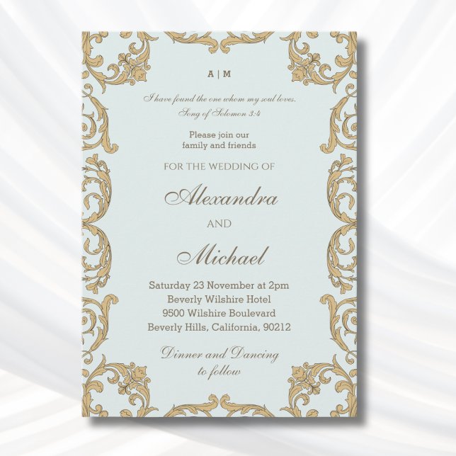 Dusty Blue Baroque Bible Verse Christian Wedding   Invitation (Creator Uploaded)