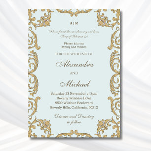 Dusty Blue Baroque Bible Verse Christian Wedding Invitation