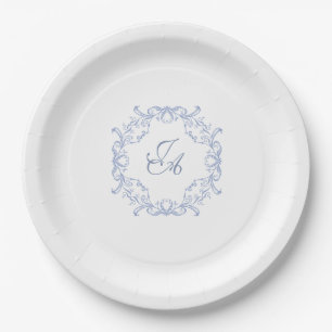 Dusty Blue Baroque Monogram Wedding Paper Plate