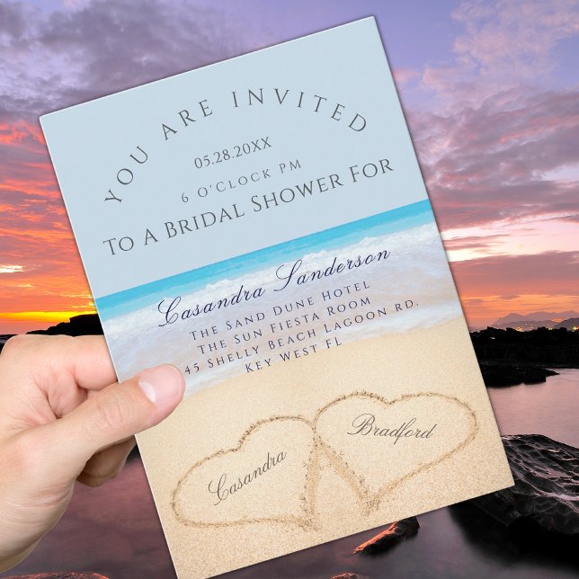 Dusty Blue Beach  2 Hearts in Sand Bridal Shower Invitation (Creator Uploaded)