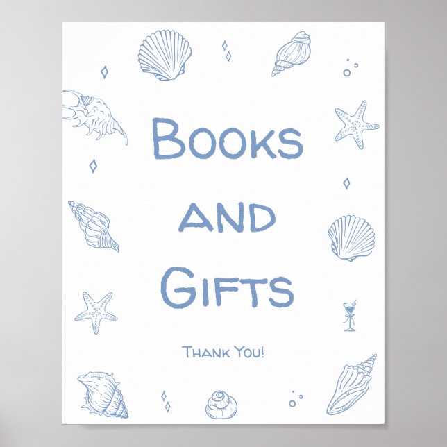 Dusty Blue Beach Baby Shower Books and Gifts Poster (Front)