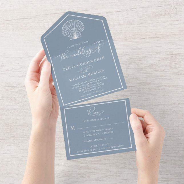 Dusty Blue Beach Seashell Coastal Wedding All In One Invitation (Tearaway)