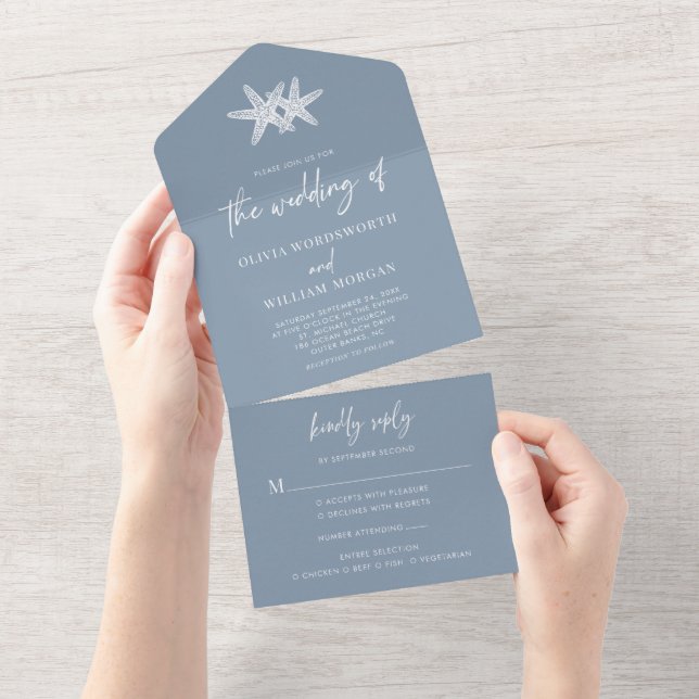 Dusty Blue Beach Starfish Minimal Wedding All In One Invitation (Tearaway)