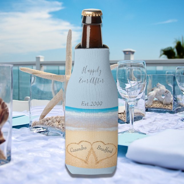 Dusty Blue Beach Wedding 2 Hearts  Bottle Cooler (Creator Uploaded)