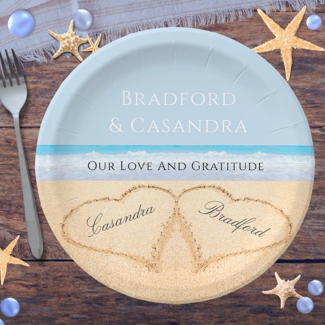  Dusty Blue Beach Wedding 2 Hearts in the Sand Paper Plate (Creator Uploaded)