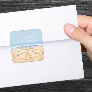 Dusty Blue Beach Wedding 2 Hearts in the Sand Square Sticker
