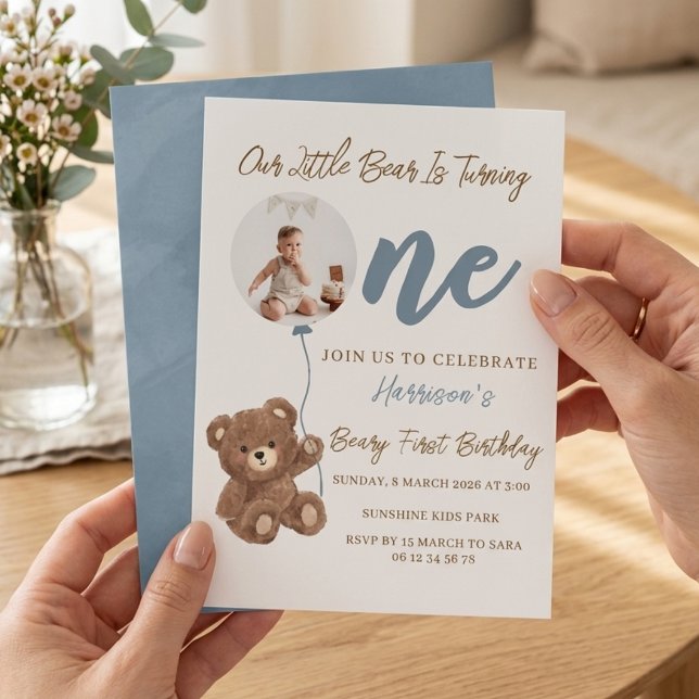 Dusty Blue Bear First Birthday Photo Invitation -  (Creator Uploaded)