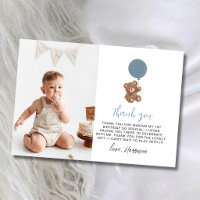 Dusty Blue Bear First Birthday Photo Thank You Car