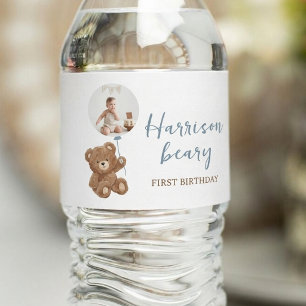 Dusty Blue Bear Photo Water Bottle Labels