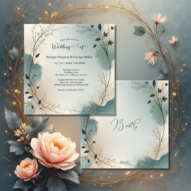 Dusty Blue Beige Boho Chic foliage wreath Wedding Invitation (Creator Uploaded)