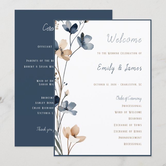 Dusty Blue Beige Botanical Modern Elegant Wedding Program (Front/Back)
