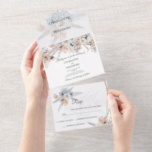 Dusty Blue Beige Floral All In One Wedding Invite