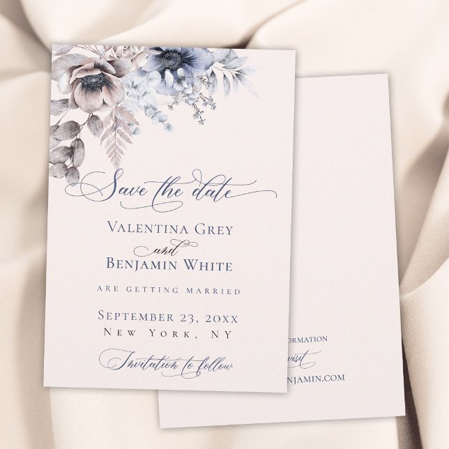 Dusty blue beige floral elegant Save the Date (Creator Uploaded)
