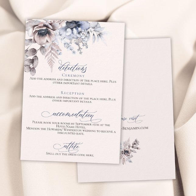 Dusty blue beige floral elegant wedding details enclosure card (Creator Uploaded)