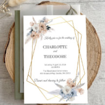 Dusty Blue Beige Floral Gold Geometric Invitation