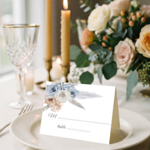 Dusty Blue Beige Floral Gold Geometric Place Card