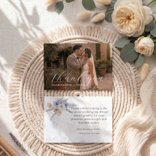 Dusty Blue Beige Floral Gold Wedding Thank You Card