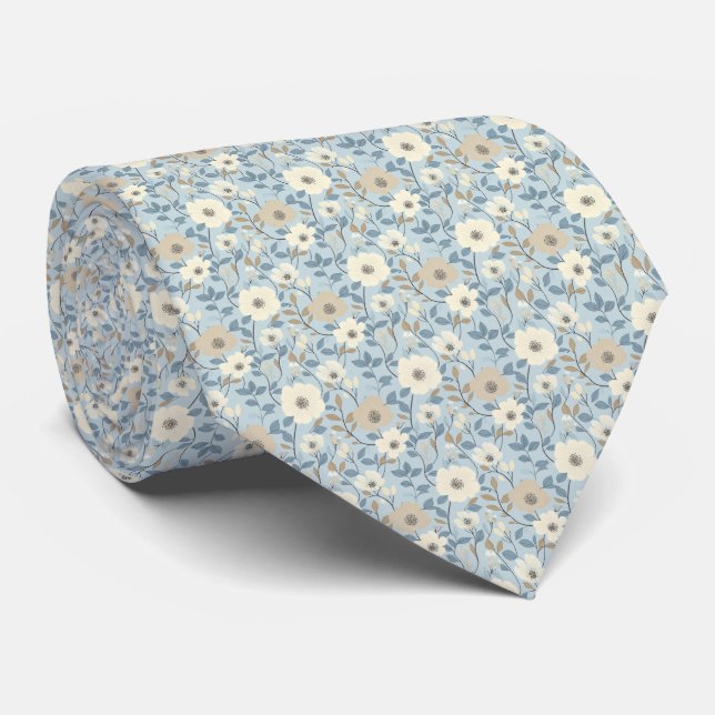 Dusty Blue Beige Floral Wedding Groom Groomsman Tie (Rolled)