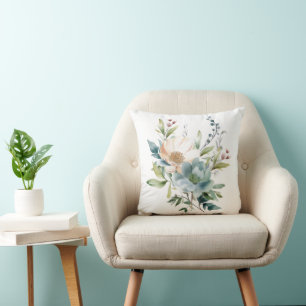 Dusty Blue Beige Peach Watercolor Floral Cushion