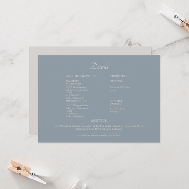 Dusty Blue & Beige Wedding Detail Invitation (Front/Back In Situ)