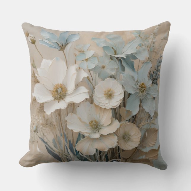 Dusty Blue Beige White Cream Floral Cushion (Front)