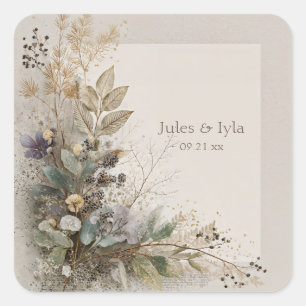 Dusty Blue Berry Botanical Gold Speckle Wedding Square Sticker